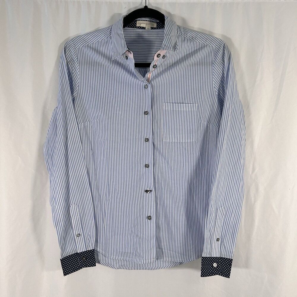 Edme Esyllte Dress Shirt Women's 4 Blue White Striped Button Up Long Sleeve